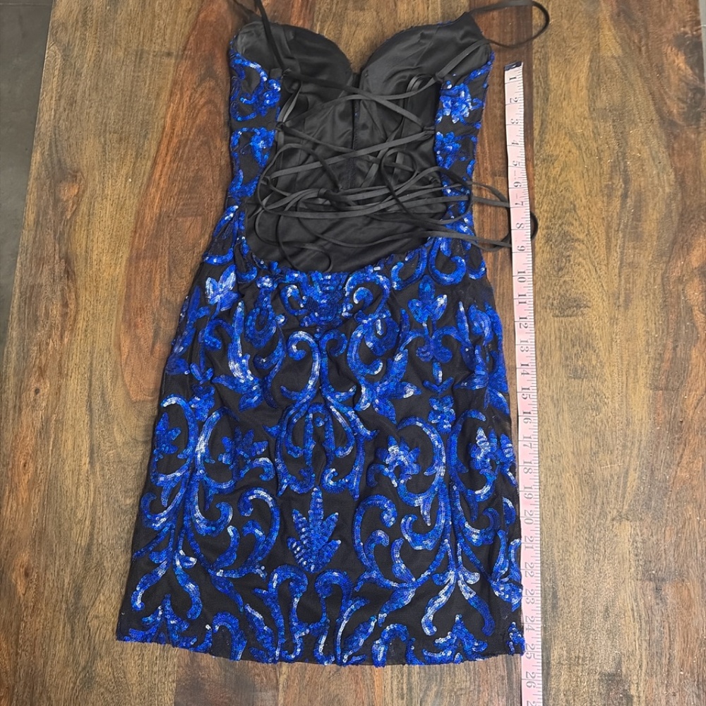 B Darlin Blue Black Sequin Scroll Dress Size 5/6 Sweetheart Mini - Picture 8 of 9